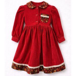 Vintage 70s Girls Corduroy Dress Orange Lace Trim Sash Handmade Size 6